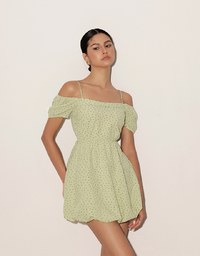 Gingham Floral Off Shoulder Puff Mini Dress