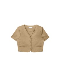 Minimalist Linen Blend Short Sleeve Jacket with Shoulder Pads