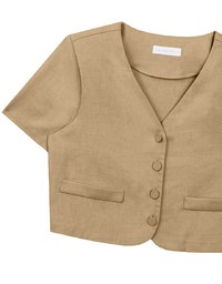 Minimalist Linen Blend Short Sleeve Jacket with Shoulder Pads