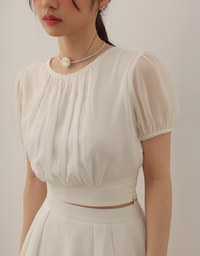 Sheer Puff Sleeve Chiffon Top with High Waist Pleated Mini Skirt Set Wear