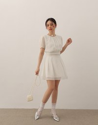 Sheer Puff Sleeve Chiffon Top with High Waist Pleated Mini Skirt Set Wear