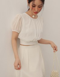 Sheer Puff Sleeve Chiffon Top with High Waist Pleated Mini Skirt Set Wear