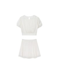 Sheer Puff Sleeve Chiffon Top with High Waist Pleated Mini Skirt Set Wear