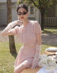Sheer Puff Sleeve Chiffon Top with High Waist Pleated Mini Skirt Set Wear