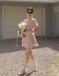 Sheer Puff Sleeve Chiffon Top with High Waist Pleated Mini Skirt Set Wear