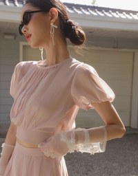 Sheer Puff Sleeve Chiffon Top with High Waist Pleated Mini Skirt Set Wear