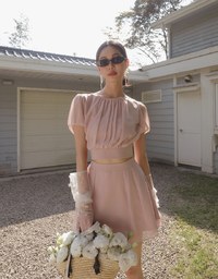 Sheer Puff Sleeve Chiffon Top with High Waist Pleated Mini Skirt Set Wear