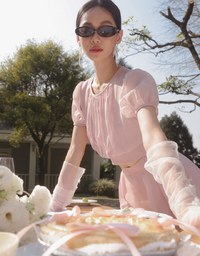 Sheer Puff Sleeve Chiffon Top with High Waist Pleated Mini Skirt Set Wear