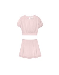 Sheer Puff Sleeve Chiffon Top with High Waist Pleated Mini Skirt Set Wear