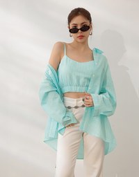 Gingham Outerwear Shirt and Elastic Hem Crop Top Set Wear