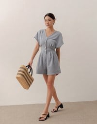 Soft Crinkle Textured V Neck Cinched Waist Jumpsuit
