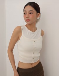 Heart Shaped Button Stretch Ribbed Knit Cami Crop Top
