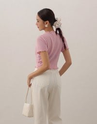 V Neck Ruffle Detail Stretch Knit Button Front Cropped Top