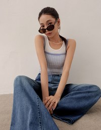 Checkered Texture Adjustable Strap Ribbed Knit Padded Crop Top
