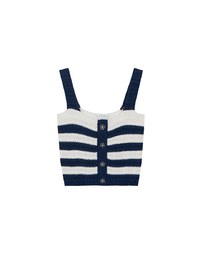 Striped Crochet Knit Tank Top with Flower Button Accents