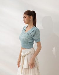 Short Sleeve V Neck Hollow Out Knit Crop Polo Top