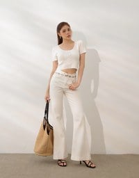 Fitted Knit Crop Top with Ribbon Bow Accent