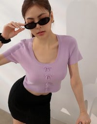 Fitted Knit Crop Top with Ribbon Bow Accent