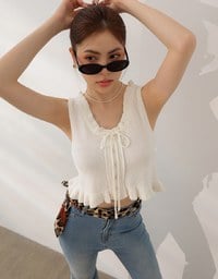 Ruffled Neckline Sleeveless Knit Vest Top with Button Trim