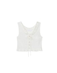 Ruffled Neckline Sleeveless Knit Vest Top with Button Trim
