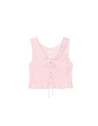 Ruffled Neckline Sleeveless Knit Vest Top with Button Trim