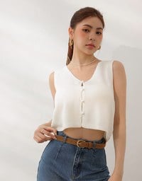 Pearl Button Front Open Knit Sleeveless Vest Top