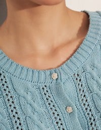 Floral Button Cable Knit Cropped Cardigan Top