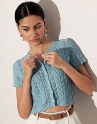 Floral Button Cable Knit Cropped Cardigan Top