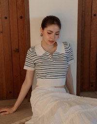 Classic Polo Inspired Stripe Knit Top with Stretch Hem