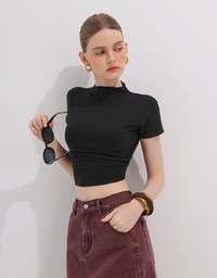 Side Ruched Mock Neck Fitted Crop Top