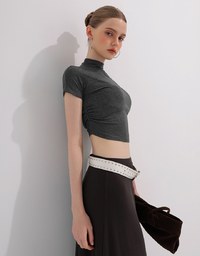 Side Ruched Mock Neck Fitted Crop Top