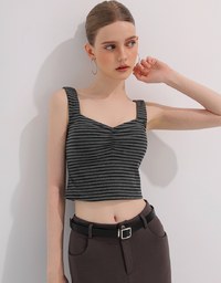 Striped Ruched V Neck Sleeveless Padded Crop Tank Top
