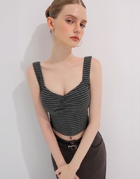 Striped Ruched V Neck Sleeveless Padded Crop Tank Top