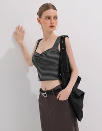Striped Ruched V Neck Sleeveless Padded Crop Tank Top