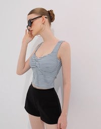 Striped Ruched V Neck Sleeveless Padded Crop Tank Top