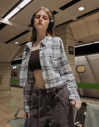 Plaid Raw Hem Long Sleeve Shirt Blouse with Metal Button