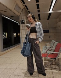 Plaid Raw Hem Long Sleeve Shirt Blouse with Metal Button