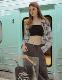 Plaid Raw Hem Long Sleeve Shirt Blouse with Metal Button