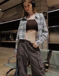 Plaid Raw Hem Long Sleeve Shirt Blouse with Metal Button