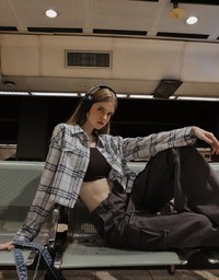 Plaid Raw Hem Long Sleeve Shirt Blouse with Metal Button