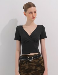 Cross Front Ruched V Neck Short Sleeve Fitted Top