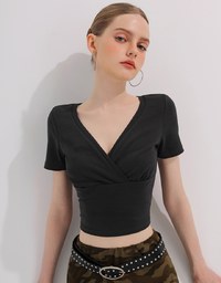 Cross Front Ruched V Neck Short Sleeve Fitted Top