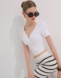Cross Front Ruched V Neck Short Sleeve Fitted Top