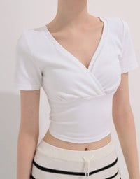 Cross Front Ruched V Neck Short Sleeve Fitted Top