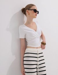 Cross Front Ruched V Neck Short Sleeve Fitted Top