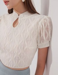 Qipao Top Textured Jacquard Puff Sleeve Keyhole Crop Cheongsam Qipao Top
