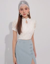 Qipao Top Textured Jacquard Puff Sleeve Keyhole Crop Cheongsam Qipao Top