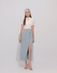 Qipao Top Textured Jacquard Puff Sleeve Keyhole Crop Cheongsam Qipao Top