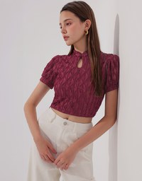 Qipao Top Textured Jacquard Puff Sleeve Keyhole Crop Cheongsam Qipao Top