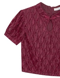 Qipao Top Textured Jacquard Puff Sleeve Keyhole Crop Cheongsam Qipao Top